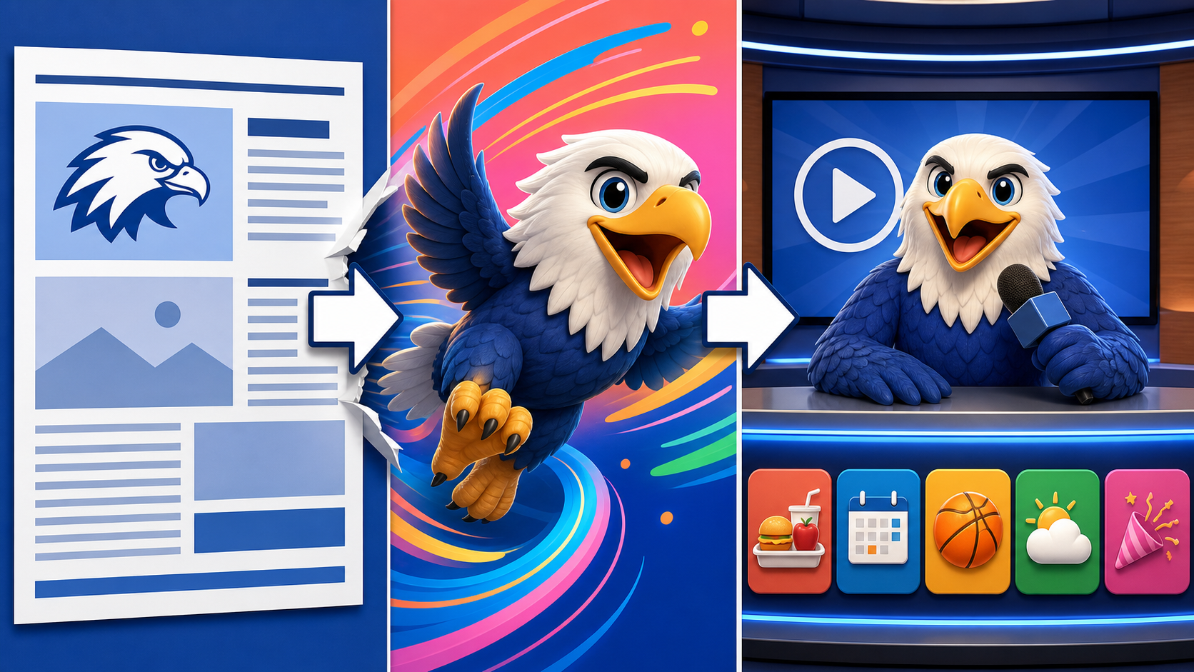 A school newsletter logo becomes a vivid mascot-led morning news video